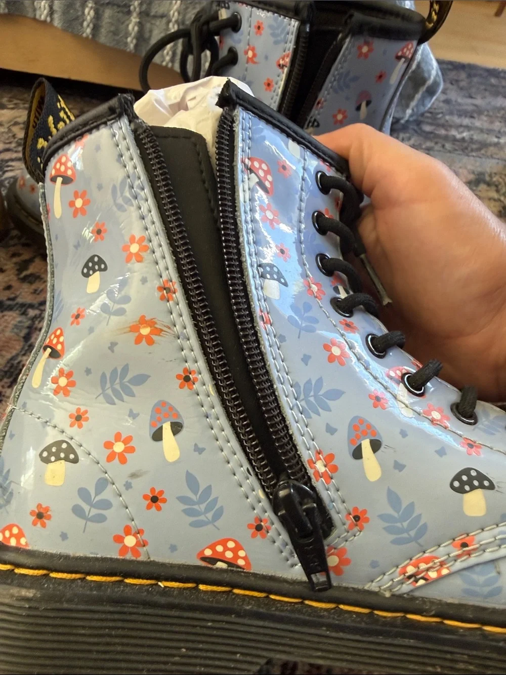 Dr. Martens Kids Light Blue Floral & Mushroom Combat Boots